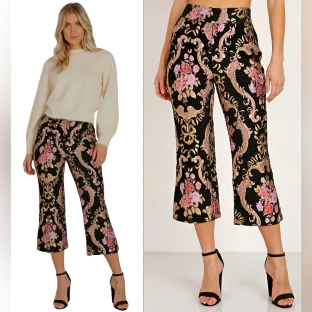 For Love & Lemons Brocade Flared Pants Black Floral Size Tag XS